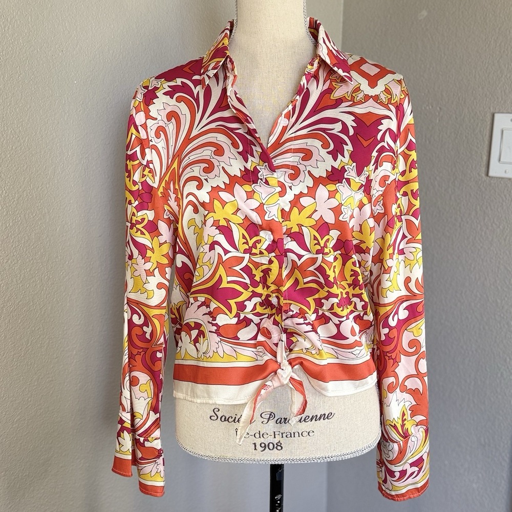 Zara Retro Orange Floral Knotted Printed Shirt Flare Sleeve Button Up Artsy